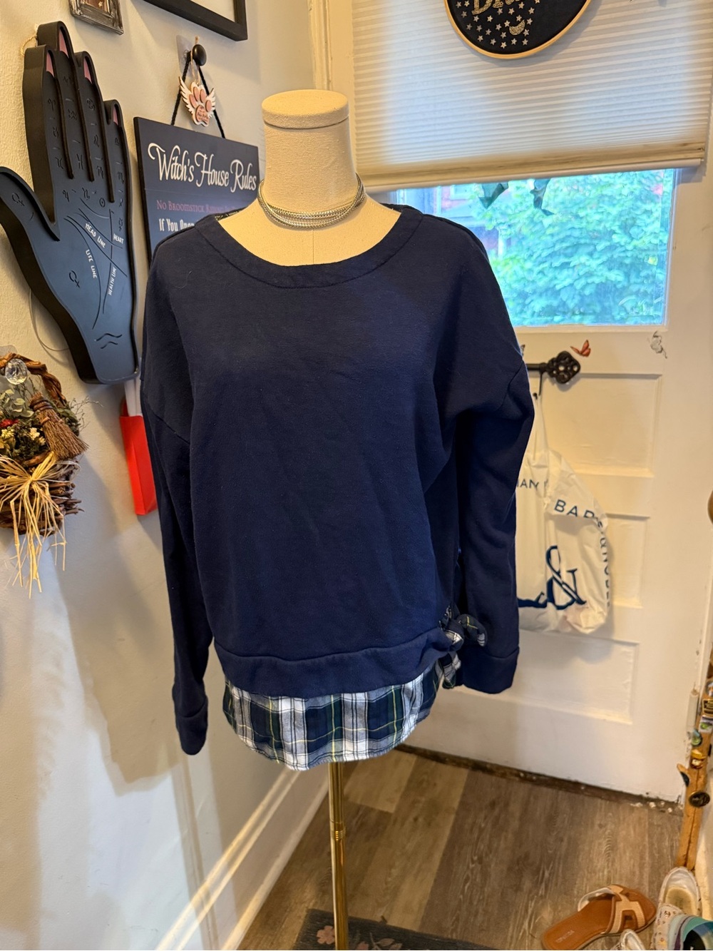IZOD Navy Layered-Look Sweatshirt with Plaid Hem